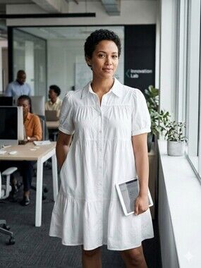 💧💧100% cotton, White Button-Front Tiered Shirt Dress